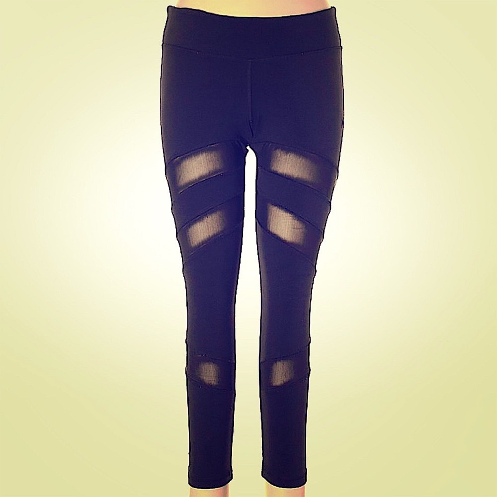 Black pants with front mesh stripes.